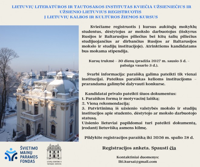 Kviečiame registruotis į Lietuvių kalbos ir kultūros žiemos kursus užsieniečiams ir užsienio lietuviams